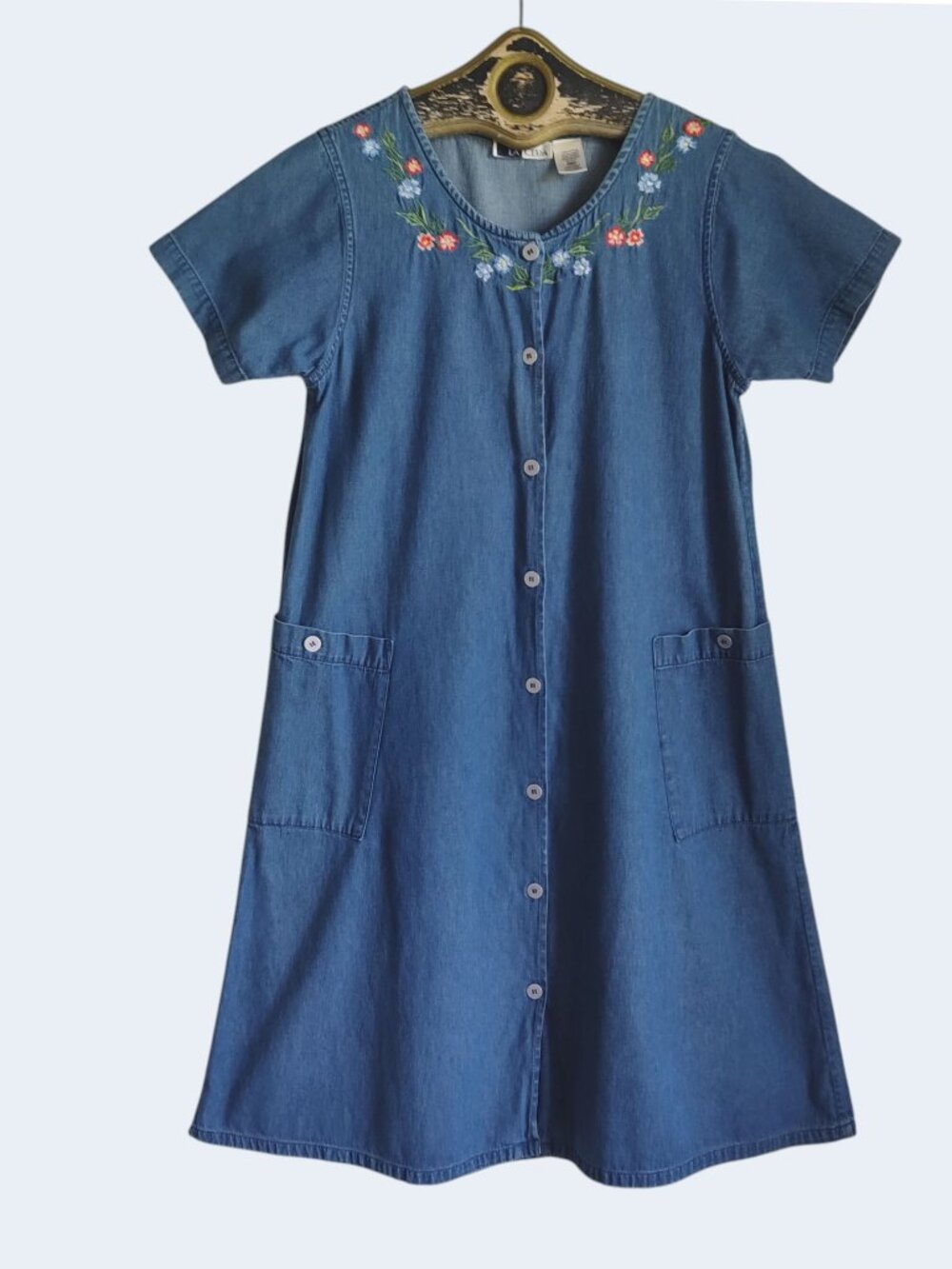 La Cera Embroidered Floral Denim Day House Dress Cottagecore Granny Core Sz S